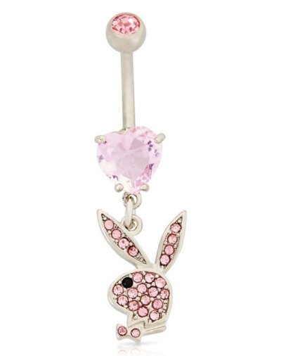 "CZ Pink Playboy Bunny Heart Dangle Belly Ring - 14 Gauge"