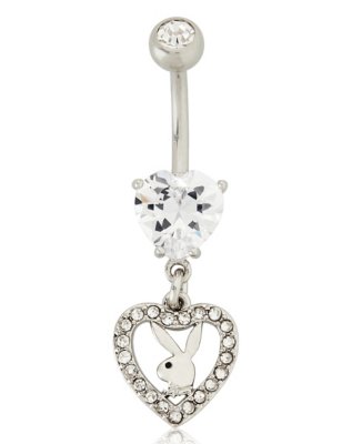 "Clear CZ Playboy Bunny Dangle Heart Belly Ring - 14 Gauge"