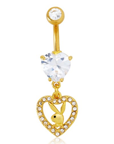 "Goldtone CZ Playboy Bunny Heart Dangle Belly Ring - 14 Gauge"