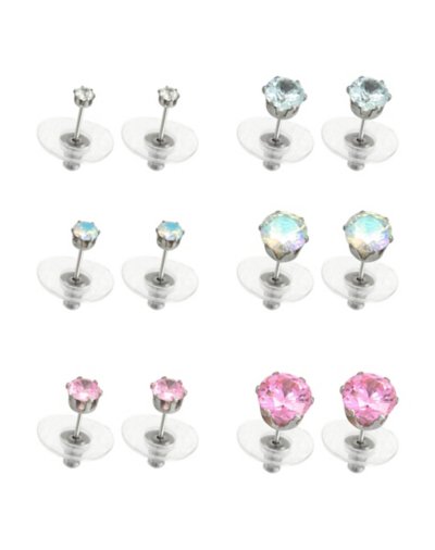 Multi-Pack CZ Pink and Clear Aurora Borealis Effect Stud Earrings - 6