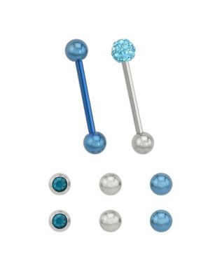 "Multi-Pack CZ Blue Pave Silvertone Barbells 2 Pack with Extra Barbells"
