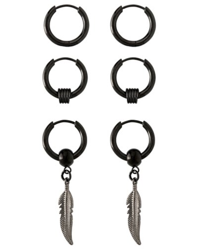 Multi-Pack Black Feather Huggie Hoop Dangle Earrings 3 Pack - 20 Gauge