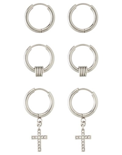 Multi-Pack CZ Silvertone Hoop and Cross Dangle Earrings 3 Pack - 20 Ga