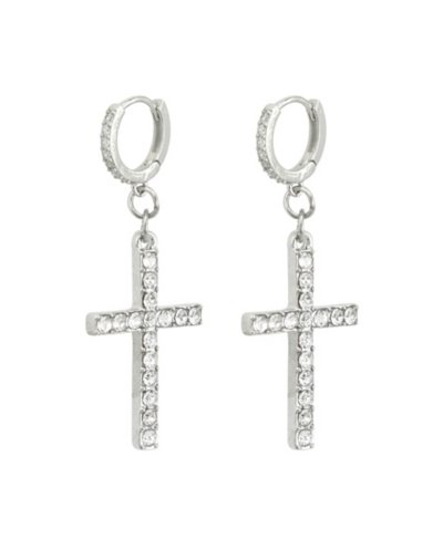 CZ Silvertone Cross Dangle Huggie Hoop Earrings