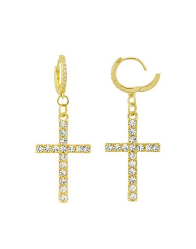 CZ Goldtone Cross Dangle Huggie Hoop Earrings