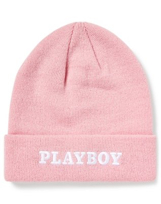 "Pink Playboy Embroidered Cuff Beanie Hat"