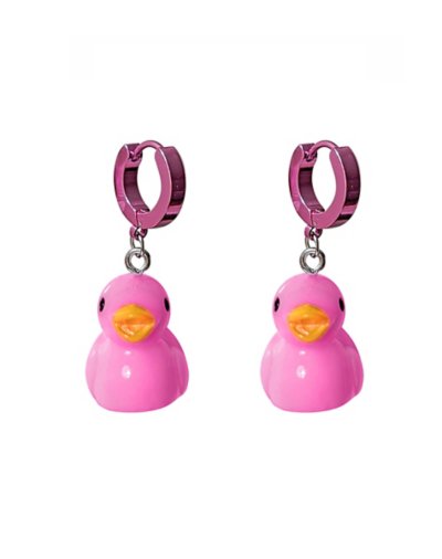 Pink Rubber Duck Huggie Hoop Dangle Earrings - 18 Gauge