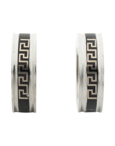 Silvertone and Black Greek Huggie Hoop Earrings