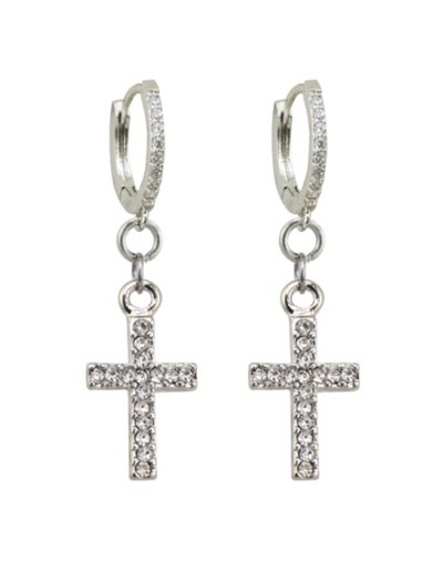 CZ Silvertone Titanium Cross Dangle Huggie Hoop Earrings