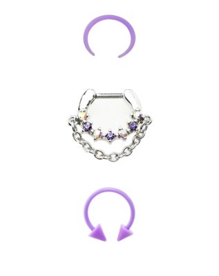 "Multi-Pack Silvertone and Purple Clicker Septum Ring and Hourseshoe Ri"