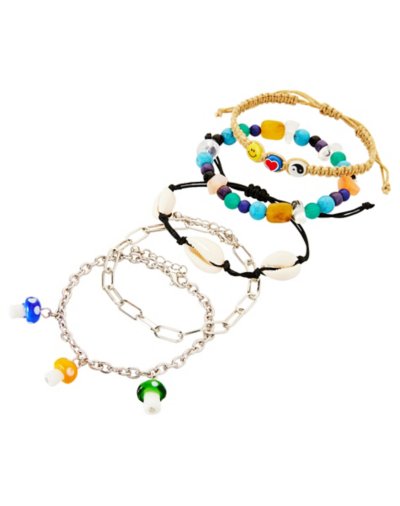 Multi-Pack Shell Mushroom and Bead Bracelets - 5 Pack