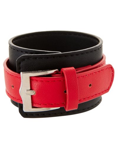 Faux Leather Black and Red Buckle Cuff