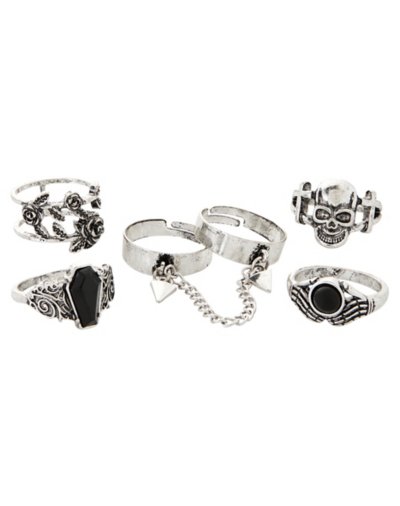 Multi-Pack Chain Rose Skull Coffin Rings - 5 Pack