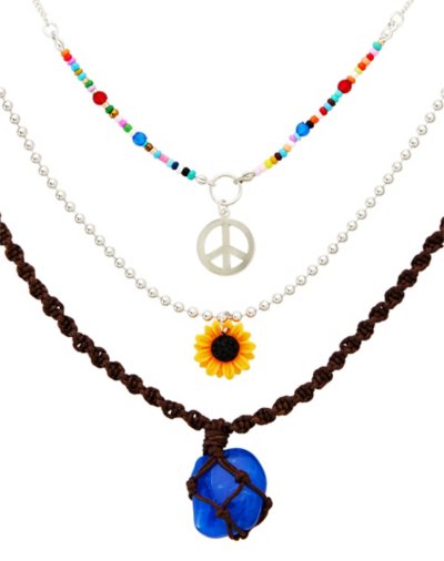 3 Row Peace Sign and Sunflower Beaded and Chain Necklace