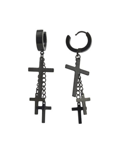 Black Triple Cross Titanium Dangle Huggie Hoop Earrings