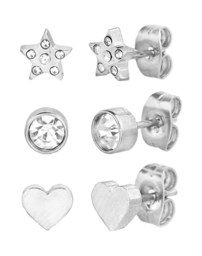 Multi-Pack CZ Heart Star Stud Earrings Trio - 20 Gauge