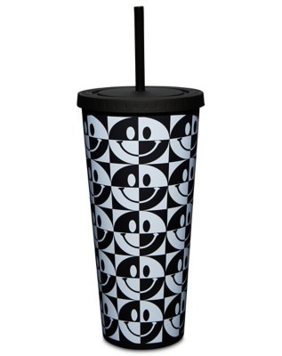 "Black and White Smiley Cup with Straw - 24 oz."