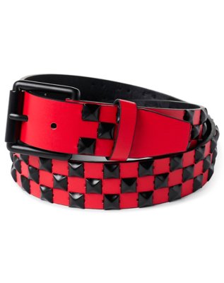 "Black and Red Checkered Pyramid Studded Belt"