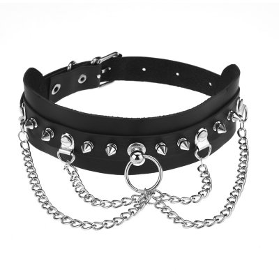 Black Leather 2 Row Drop Chain Choker Necklace