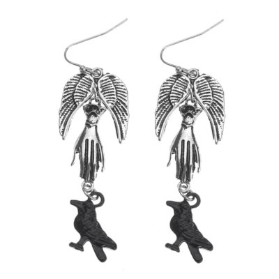 Silvertone Raven Hand Dangle Earrings