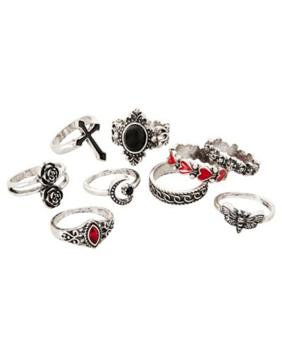 Multi-Pack Red and Black Gothic Rings - 9 Pack