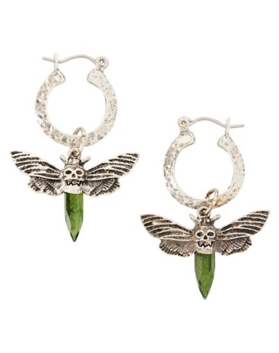 Silver and Green Crystal Death Moth Dangle Hoop Earrings