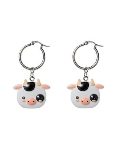 Cute Cow Face Dangle Hoop Earrings - 18 Gauge