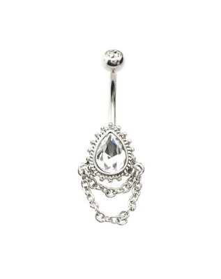 "CZ Silvertone Teardrop Chain Dangle Belly Ring - 14 Gauge"