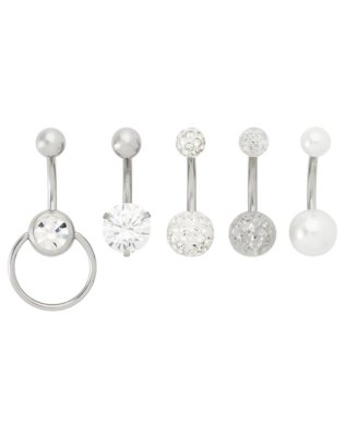 "Multi-Pack CZ and Pearl-Effect and Belly Rings 5 Pack - 14 Gaug"
