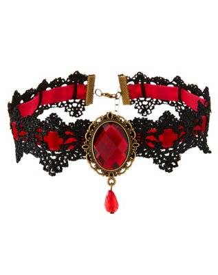 "Black and Red Lace Cabochon Choker Necklace"