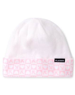 "White and Pink Playboy Reversible Beanie Hat"