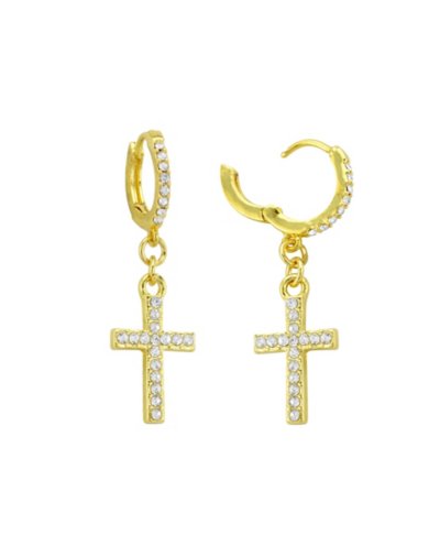 CZ Goldtone Titanium Cross Dangle Huggie Hoop Earrings