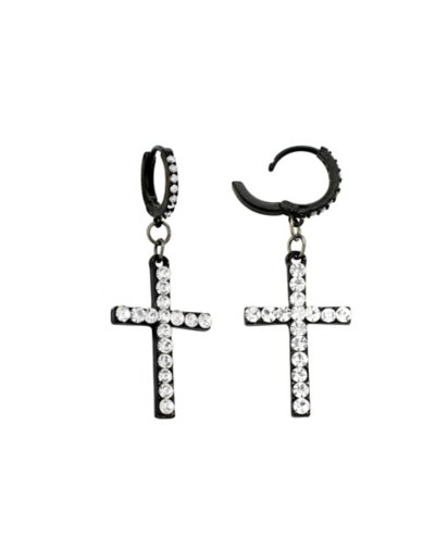 CZ Black Cross Dangle Huggie Hoop Earrings