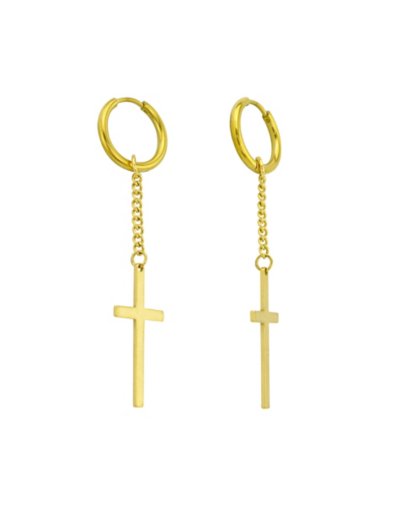 Goldtone Cross Chain Dangle Huggie Hoop Earrings