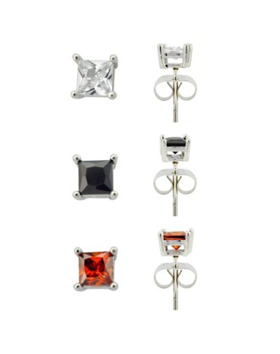 Multi-Pack CZ Clear Black and Red Square Stud Earrings - 3 Pair