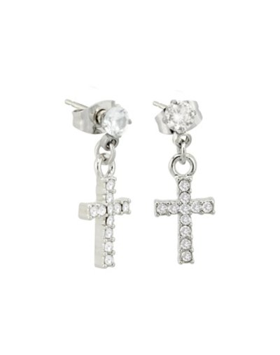 CZ Silvertone Titanium Cross Stud Dangle Earrings