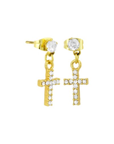 CZ Titanium Goldtone Cross Dangle Stud Earrings