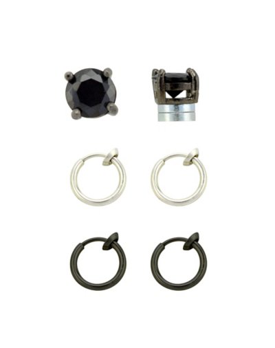 Multi-Pack Black CZ Magnetic Fake Studs and Fake Hoop Earrings - 3 Pai