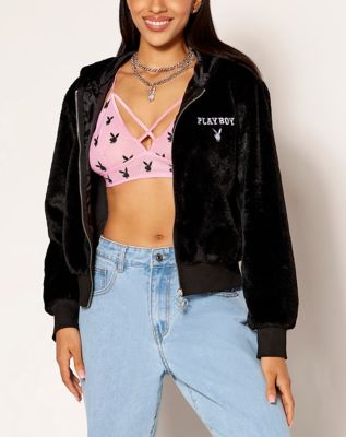 Playboy Black Faux Fur Cropped Hoodie Spencer s