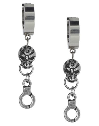 Silvertone Skull Dangle Huggie Hoop Earrings