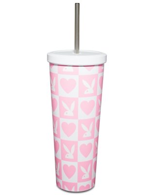 "Pink Checkered Playboy Cup with Straw - 24 oz."