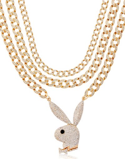 CZ 3 Row Playboy Bunny Head Chain Necklace