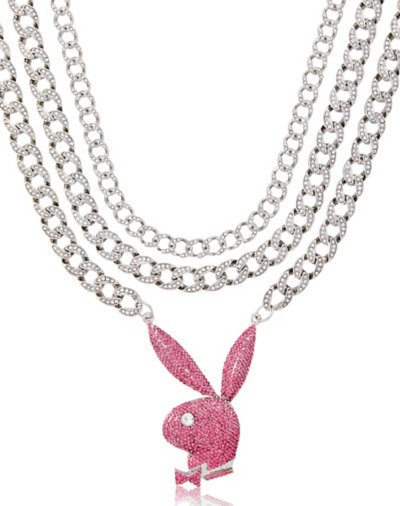 CZ Pink Playboy Bunny Triple Row Chain Necklace