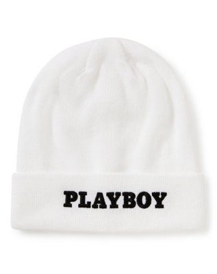 "White Playboy Cuff Beanie Hat"