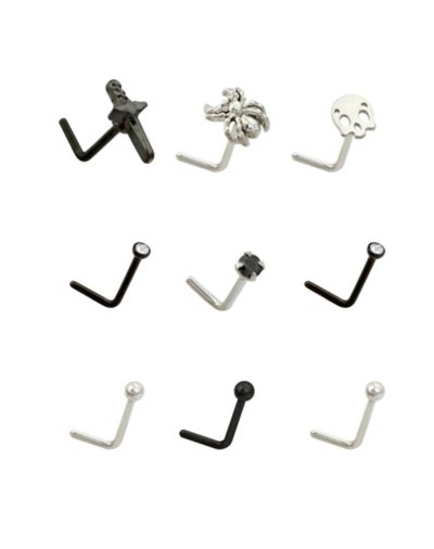 "Multi-Pack Spider Skull L-Bend Nose Rings 9 Pack - 20 Gauge"