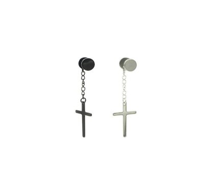 Black and Silver Cross Dangle Earrings - 18 Gauge