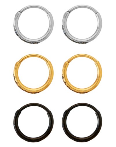 Multi-Pack CZ Titanium Silvertone Goldtone and Black Hoop Earrings - 3