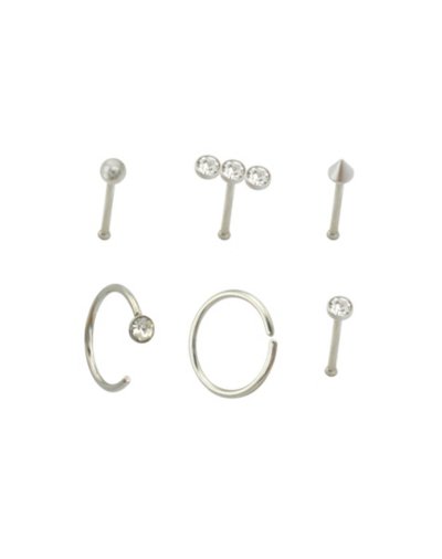 "Multi-Pack CZ Nose Pins and Hoop Nose Rings 6 Pack - 20 Gauge"