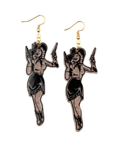 Cowgirl with Pistol Glitter Dangle Earrings