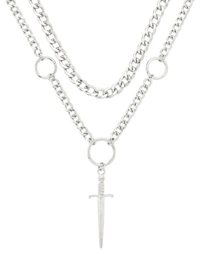 Silvertone Double Row Dagger Pendant Chain Necklace